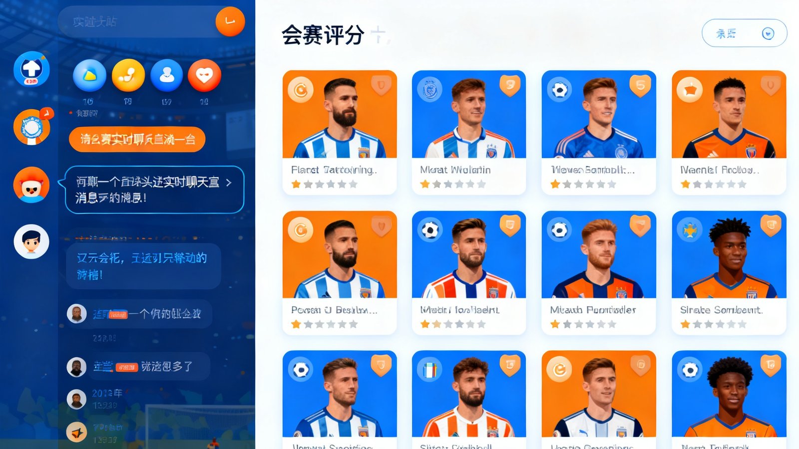 球迷社区界面截图，左侧为比赛实时聊天室滚动消息区，右侧展示赛后球员评分卡片矩阵，顶部有球迷发帖板块的帖子列表，界面设计活泼且信息密度适中